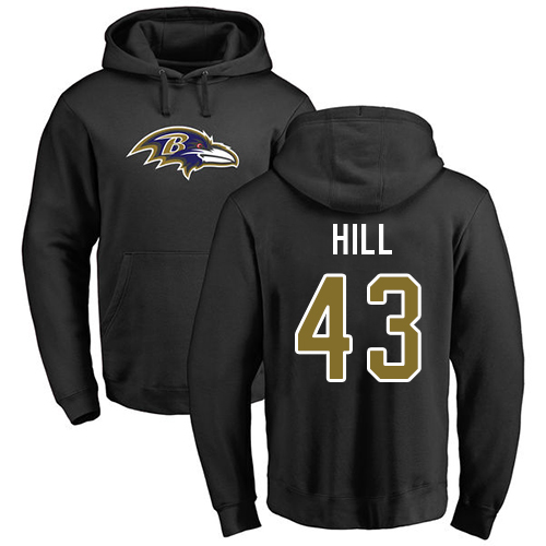 Men Baltimore Ravens Black Justice Hill Name and Number Logo NFL Football #43 Pullover Hoodie Sweatshirt
